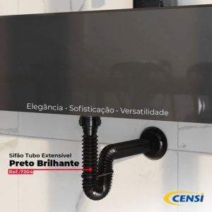 Sifão Tubo Extensível 74 cm Preto Brilhante com Suporte e Canopla Censi