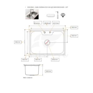 Cuba Cozinha Gourmet Aço Inox 50x40cm com Acessórios