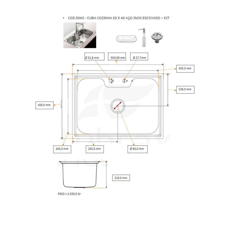Cuba Cozinha Gourmet Aço Inox 50x40cm com Acessórios