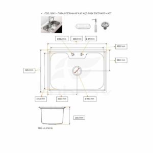 Cuba Cozinha Gourmet Aço Inox 60X42cm com Acessórios*