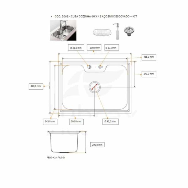 Cuba Cozinha Gourmet Aço Inox 60X42cm com Acessórios*