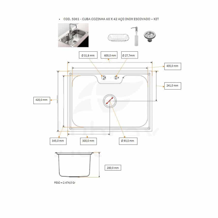 Cuba Cozinha Gourmet Aço Inox 60X42cm com Acessórios*