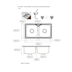 Cuba Dupla Cozinha Gourmet Aço Inox 78X43cm com Acessórios*